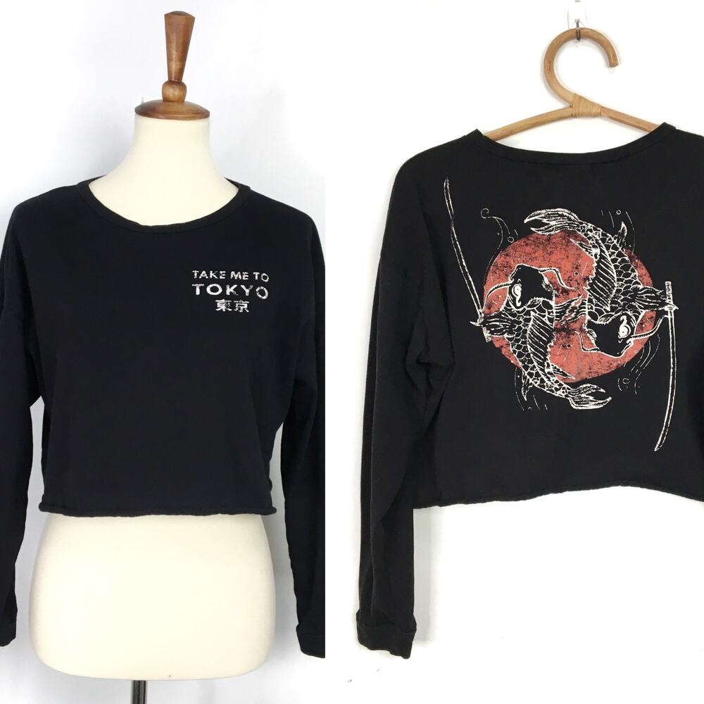 Local Lab Take Me To Tokyo black long sleeve crop top tshirt fish Size Large